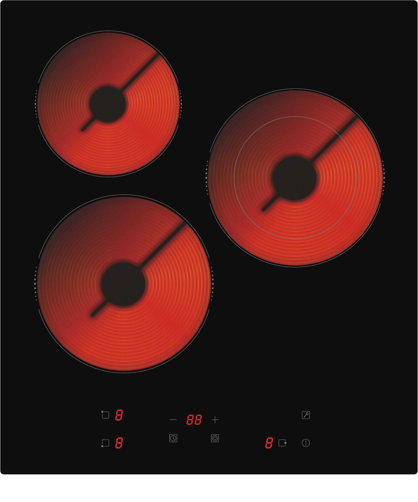 Schwarzes Glaskeramik-Kochfeld mit drei rot leuchtenden Strahlungs-Kochzonen und Touch-Bedienfeld, Draufsicht von oben
