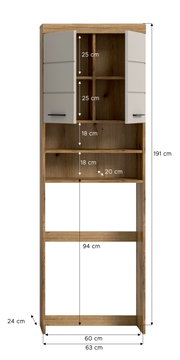 Frontansicht eines hohen Holzregals/Schranks in Eichenoptik mit zwei weißen Türen und offenen Fächern, mit eingezeichneten Maßen (H ca. 191 cm, B ca. 63 cm, T ca. 24 cm).