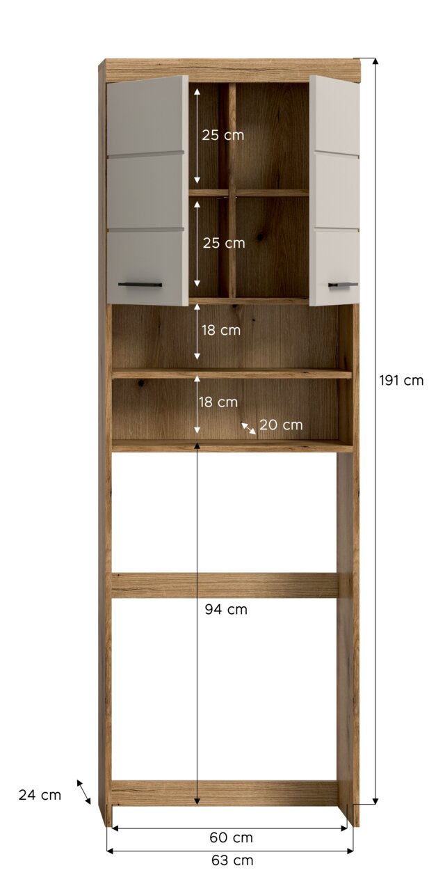 Frontansicht eines hohen Holzregals/Schranks in Eichenoptik mit zwei weißen Türen und offenen Fächern, mit eingezeichneten Maßen (H ca. 191 cm, B ca. 63 cm, T ca. 24 cm).