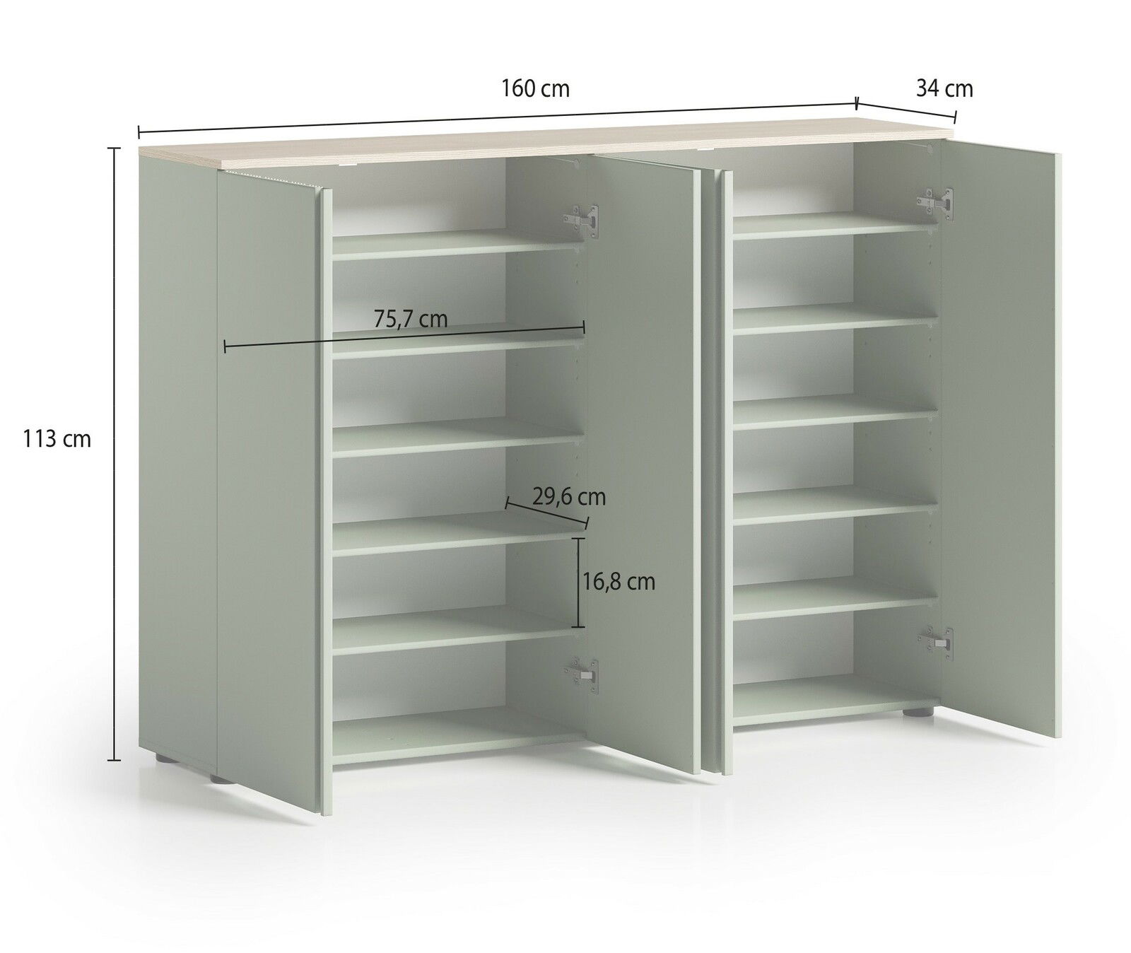 XXL-Schuhschrank mit offenen Türen, zeigt mehrere Regalböden zur Schuhaufbewahrung, Perspektive von vorne.