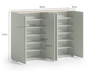 XXL-Schuhschrank mit offenen Türen, zeigt mehrere Regalböden zur Schuhaufbewahrung, Perspektive von vorne.