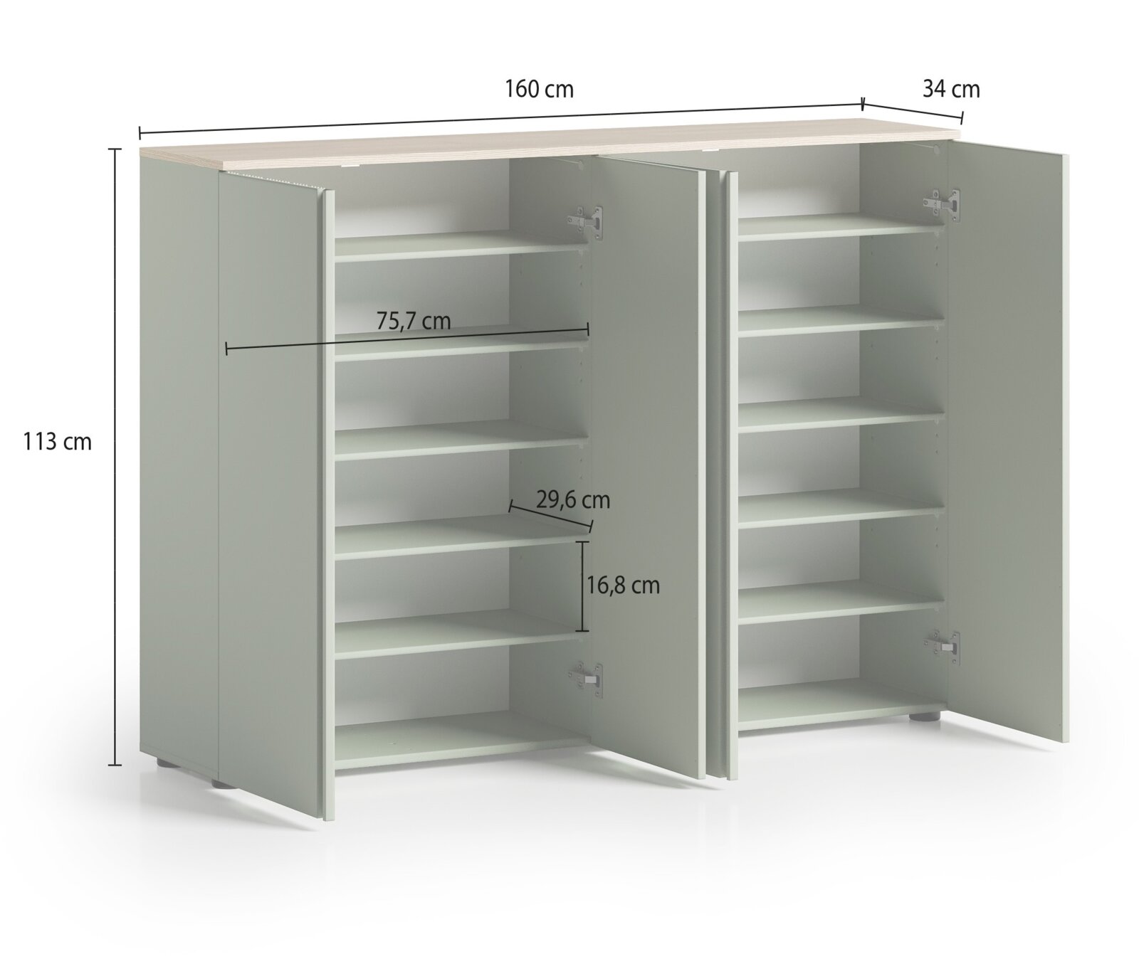 XXL-Schuhschrank mit offenen Türen, zeigt mehrere Regalböden zur Schuhaufbewahrung, Perspektive von vorne.