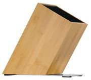 Schrägansicht eines unbestückten Messerblocks aus Bambus mit schwarzem Einsatz.