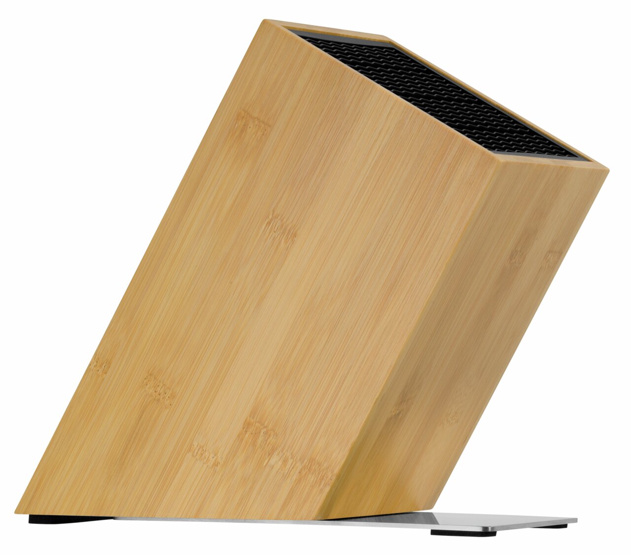 Schrägansicht eines unbestückten Messerblocks aus Bambus mit schwarzem Einsatz.