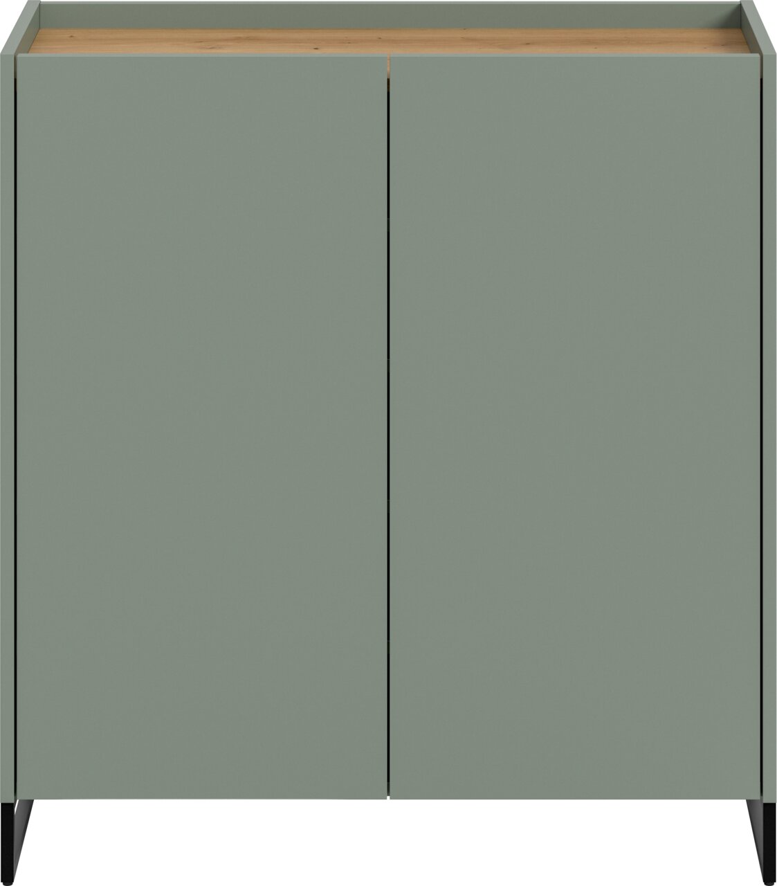 Modernes Sideboard mit zwei grün-grauen Türen, Holzoberplatte und schwarzen Metallbeinen, frontal von vorn fotografiert
