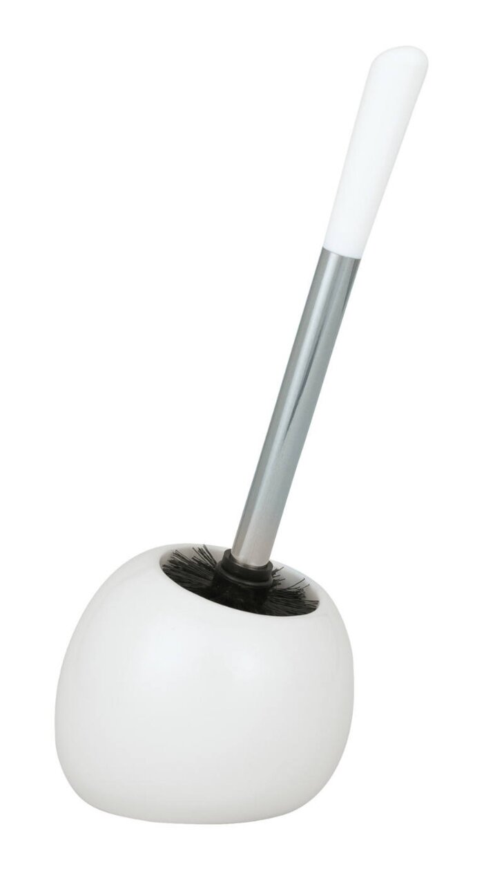 Toiletaccessoireset Polaris white, zijaanzicht, bestaande uit een witte toiletborstel met een zilveren steel en een ronde witte houder.