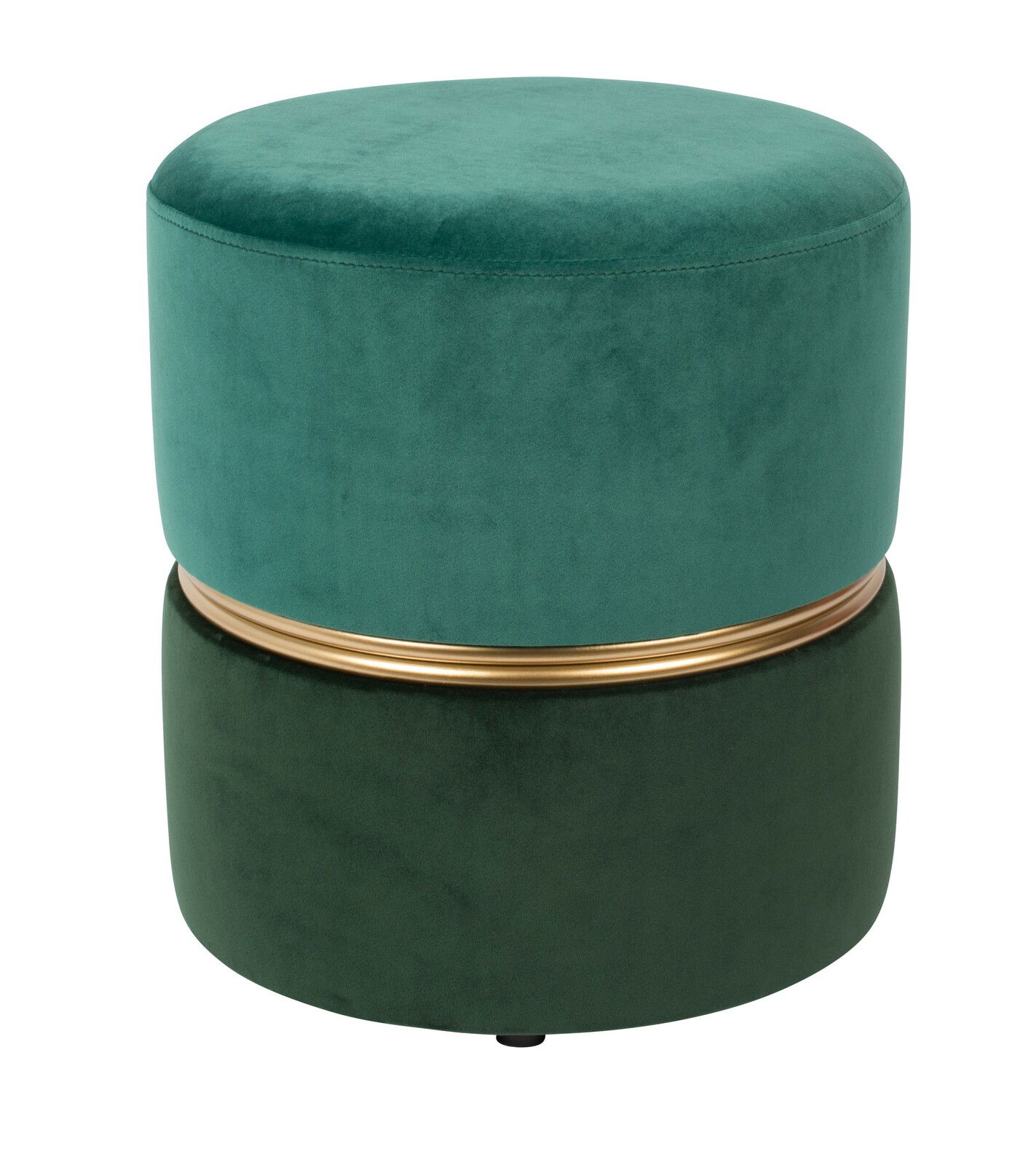 Grüner Hocker mit goldener Zierleiste, seitliche Perspektive