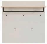 Garderobenpaneel in Frontansicht mit Holzablage und schwarzen Haken.