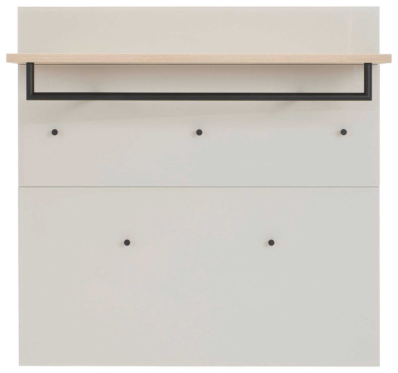 Garderobenpaneel in Frontansicht mit Holzablage und schwarzen Haken.