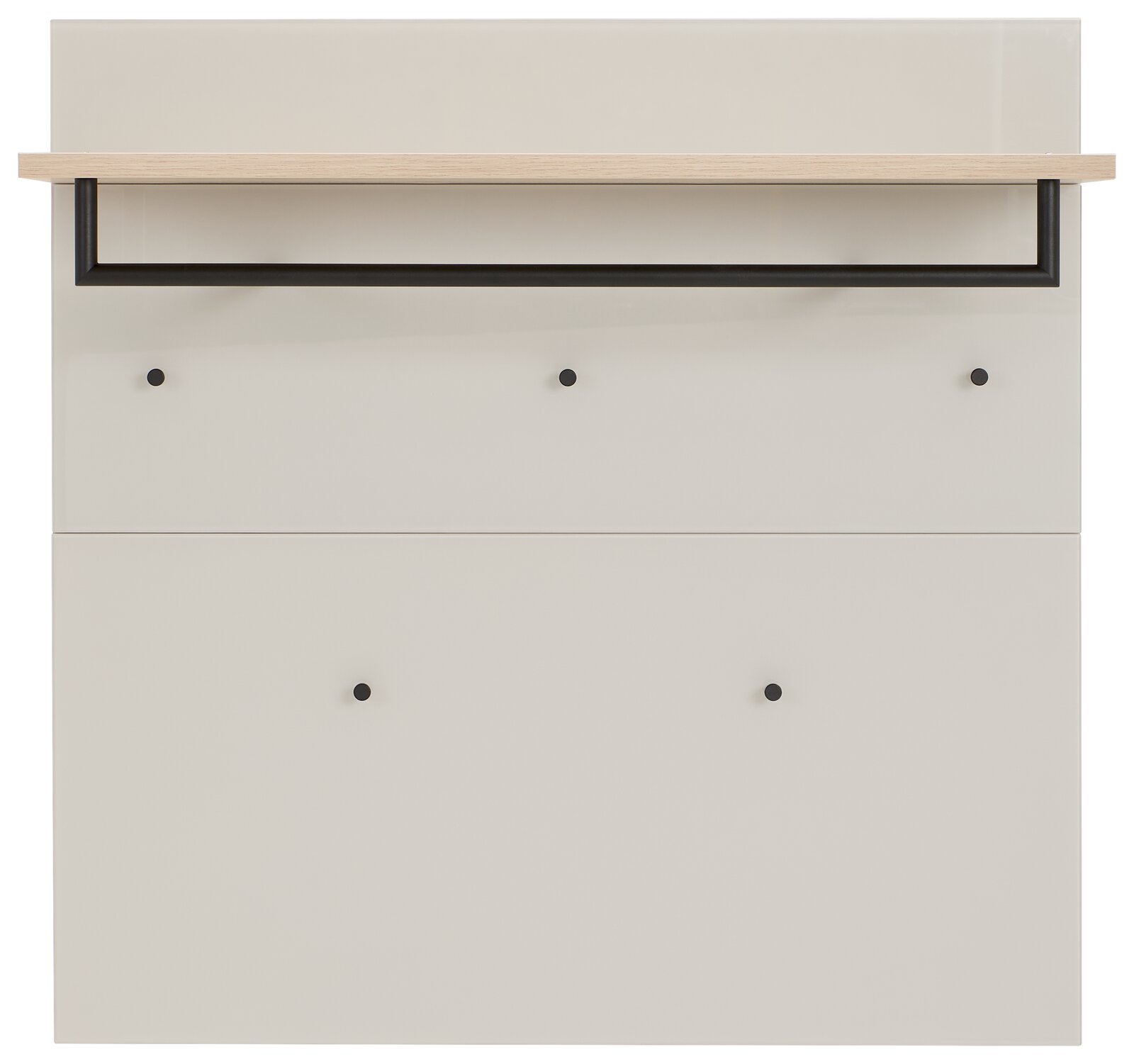 Garderobenpaneel in Frontansicht mit Holzablage und schwarzen Haken.