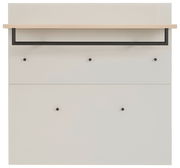 Garderobenpaneel in Frontansicht mit Holzablage und schwarzen Haken.