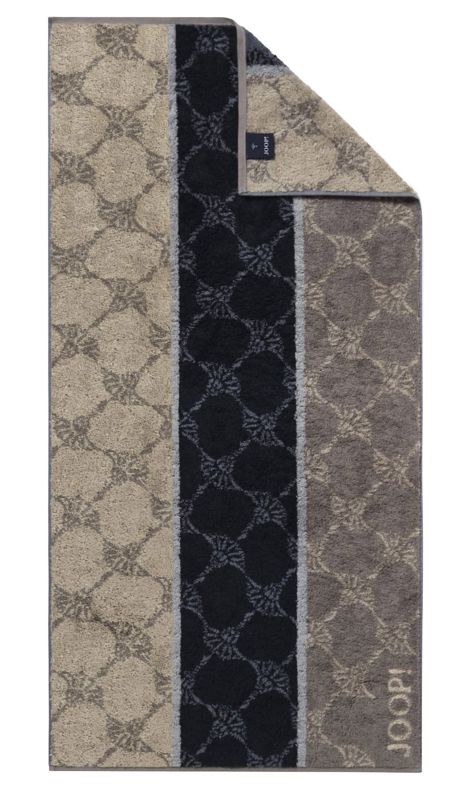 JOOP! Handtuch SIGNATURE JOOP! Handtuch SIGNATURE in einer Draufsicht, mit einem eleganten Muster in Beige- und Grautönen sowie einem schwarzen Streifen.