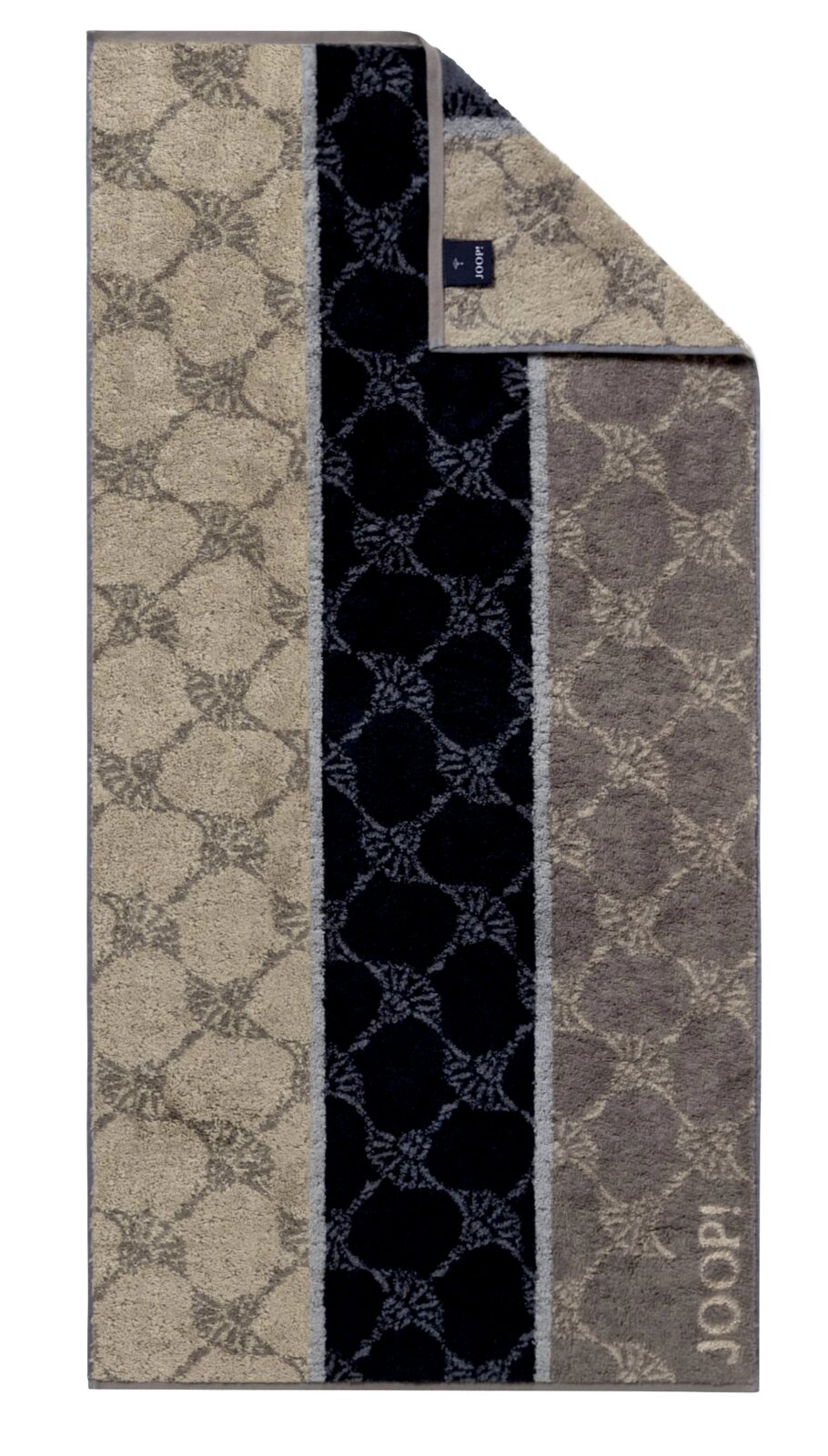 JOOP! Handdoek SIGNATURE JOOP! SIGNATURE-handdoek in bovenaanzicht, met een elegant patroon in beige- en grijstinten en een zwarte streep.