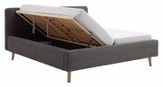 Polsterbett mit hochgeklappter Matratze und Stauraum, seitliche Perspektive