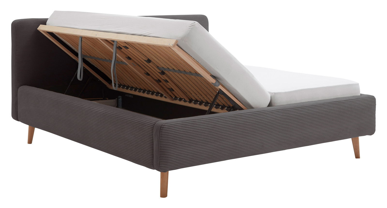 Polsterbett mit hochgeklappter Matratze und Stauraum, seitliche Perspektive