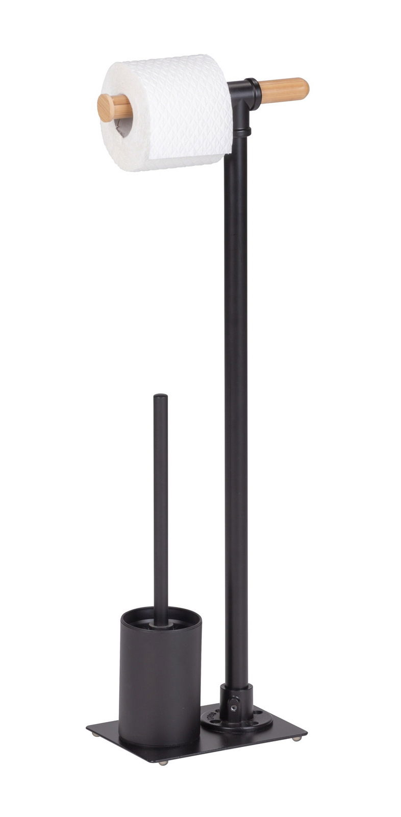 Freistehende WC-Garnitur in Schwarz mit Toilettenpapierhalter und Bürstenhalter, seitliche Perspektive