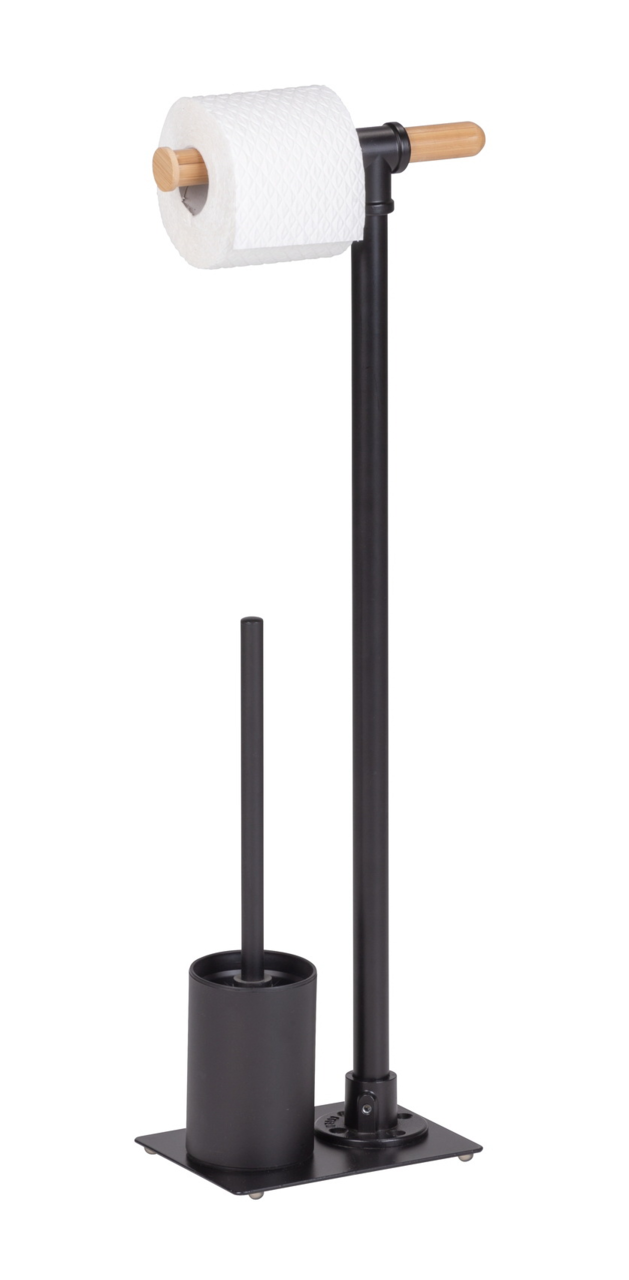Wenko Stand WC-Garnitur FORLI Freistehende WC-Garnitur in Schwarz mit Toilettenpapierhalter und Bürstenhalter, seitliche Perspektive