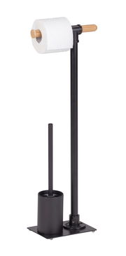 Freistehende WC-Garnitur in Schwarz mit Toilettenpapierhalter und Bürstenhalter, seitliche Perspektive