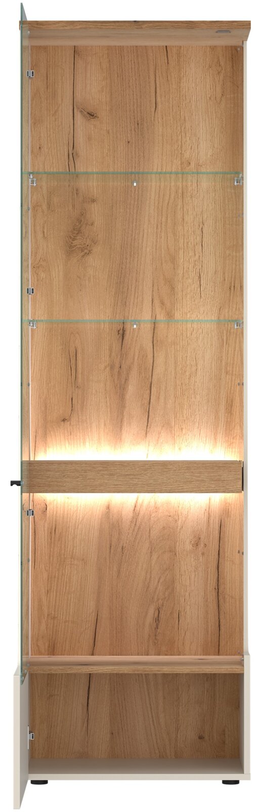 Houten vitrinekast met glazen planken en ingebouwde verlichting, gezien van voren.