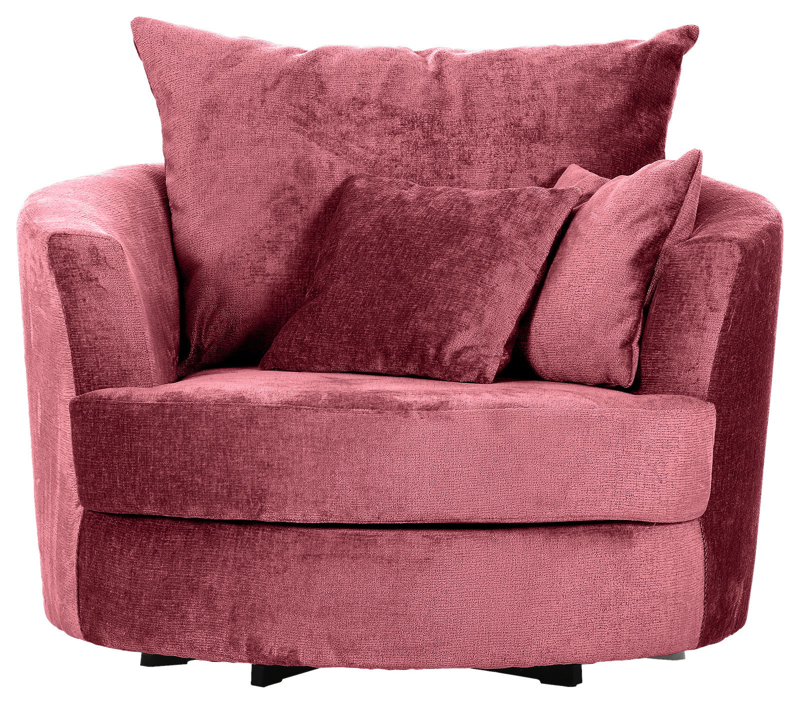 Rosa Sessel mit runden Formen und zwei Kissen, Frontalansicht