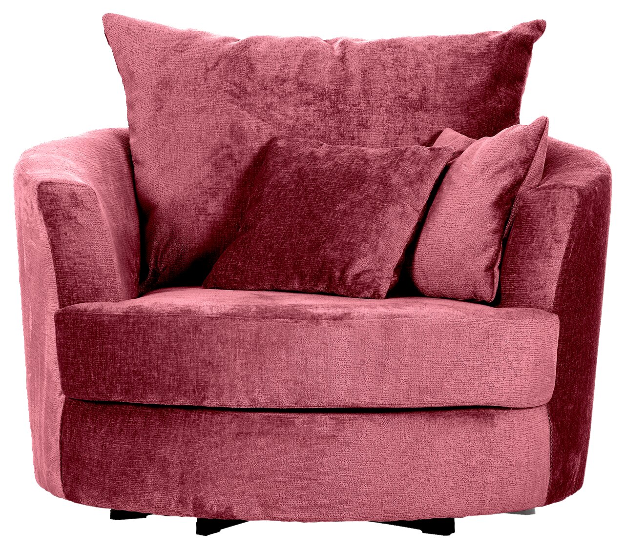 Roze fauteuil met ronde vormen en twee kussens, vooraanzicht