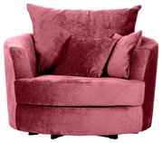 Roze fauteuil met ronde vormen en twee kussens, vooraanzicht
