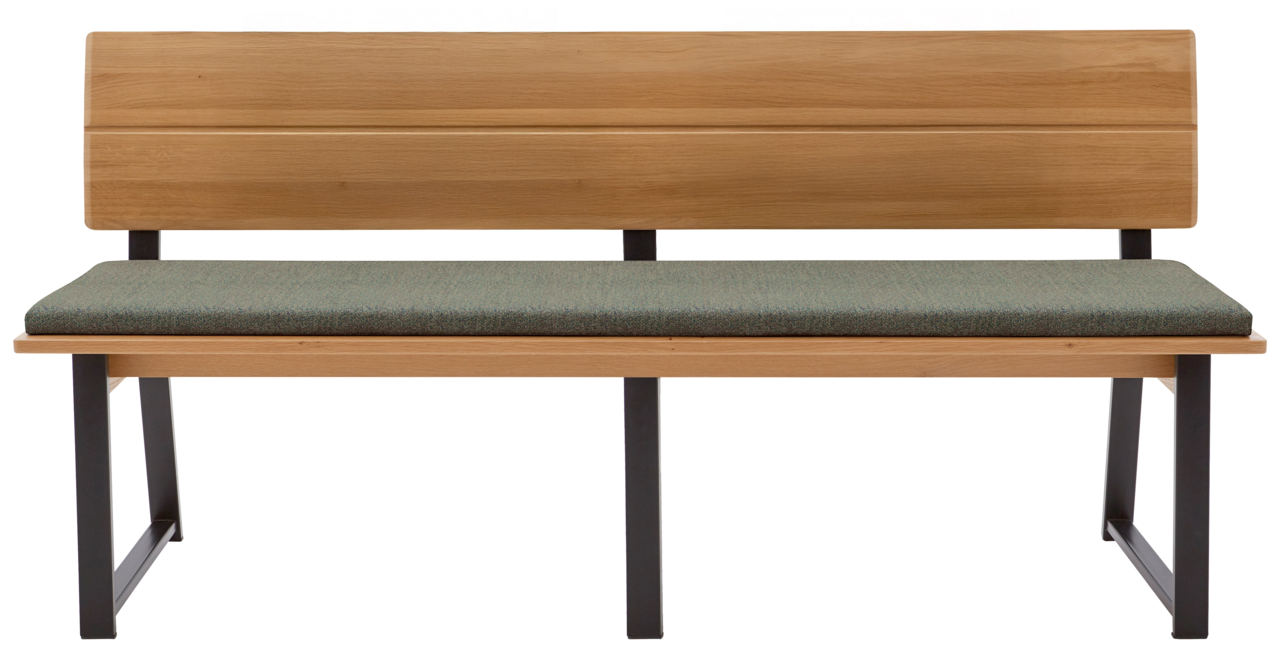 Holzbank mit gepolsterter Sitzfläche und Metallbeinen, Frontalansicht