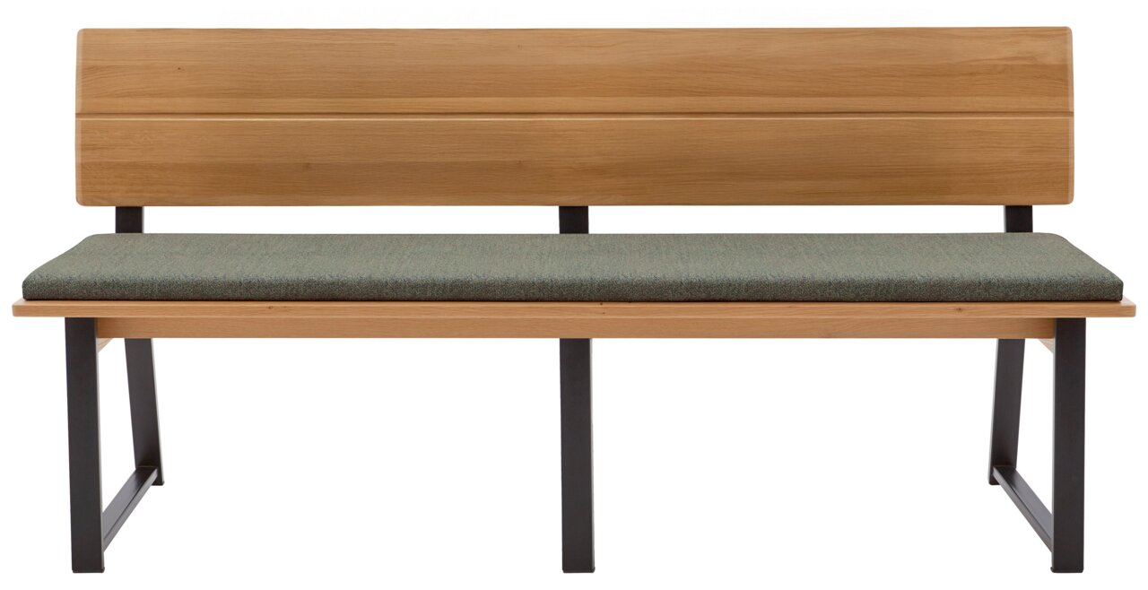 Holzbank mit gepolsterter Sitzfläche und Metallbeinen, Frontalansicht