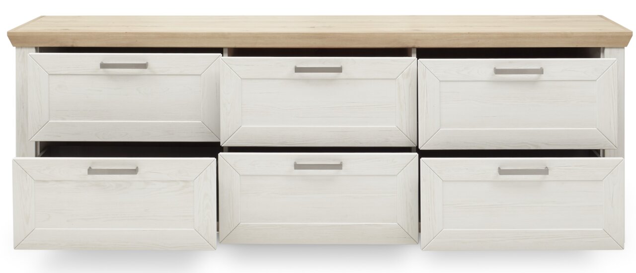 Frontale Ansicht eines Sideboards mit sechs Schubladen, weiß mit Holzoberfläche.