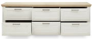 Frontale Ansicht eines Sideboards mit sechs Schubladen, weiß mit Holzoberfläche.