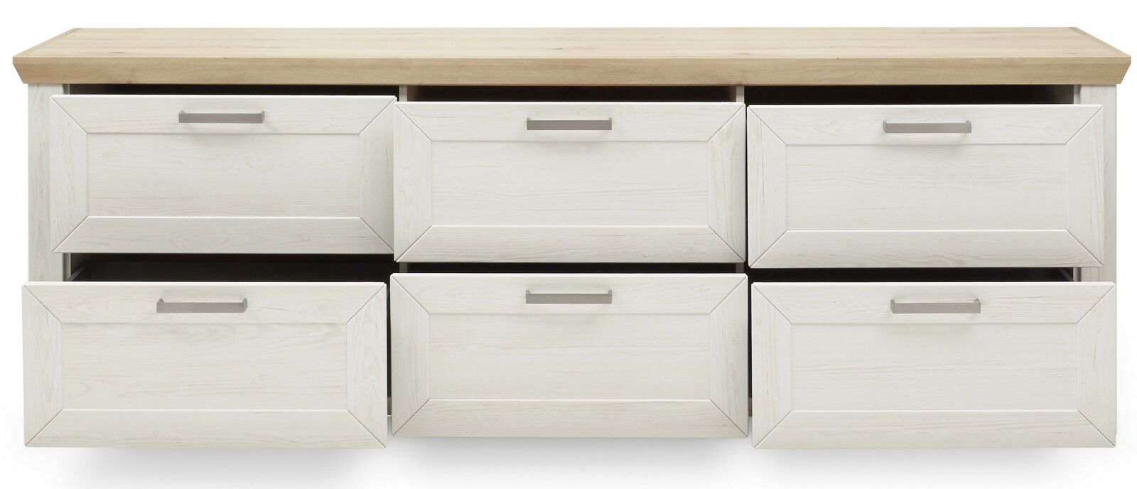 Frontale Ansicht eines Sideboards mit sechs Schubladen, weiß mit Holzoberfläche.