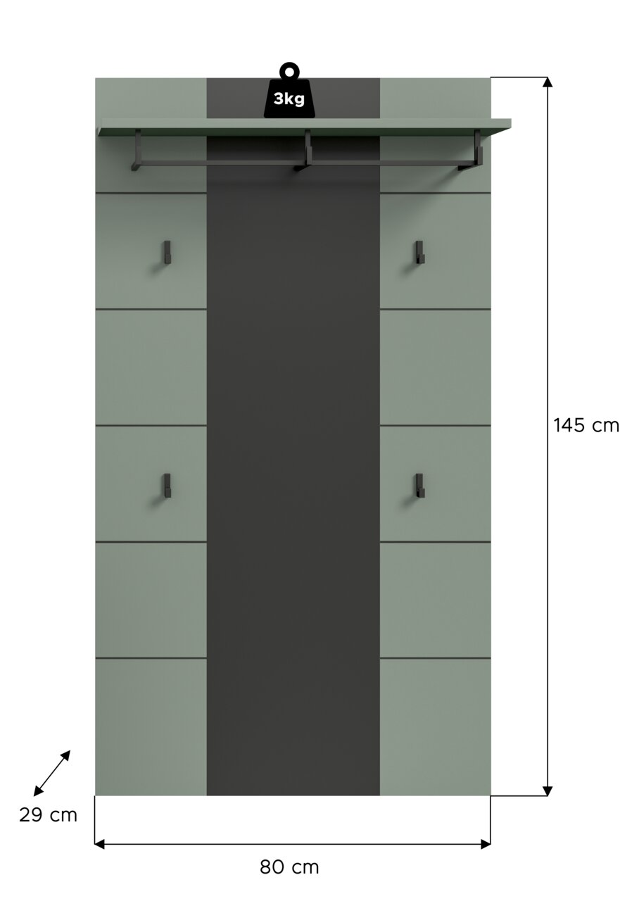 Frontansicht einer schmalen Garderobe/Flurkonsole in Grau mit zentralem schwarzem Paneel, Ablage und Kleiderstange; Maße 80 x 29 x 145 cm, Ablage belastbar bis 3 kg.