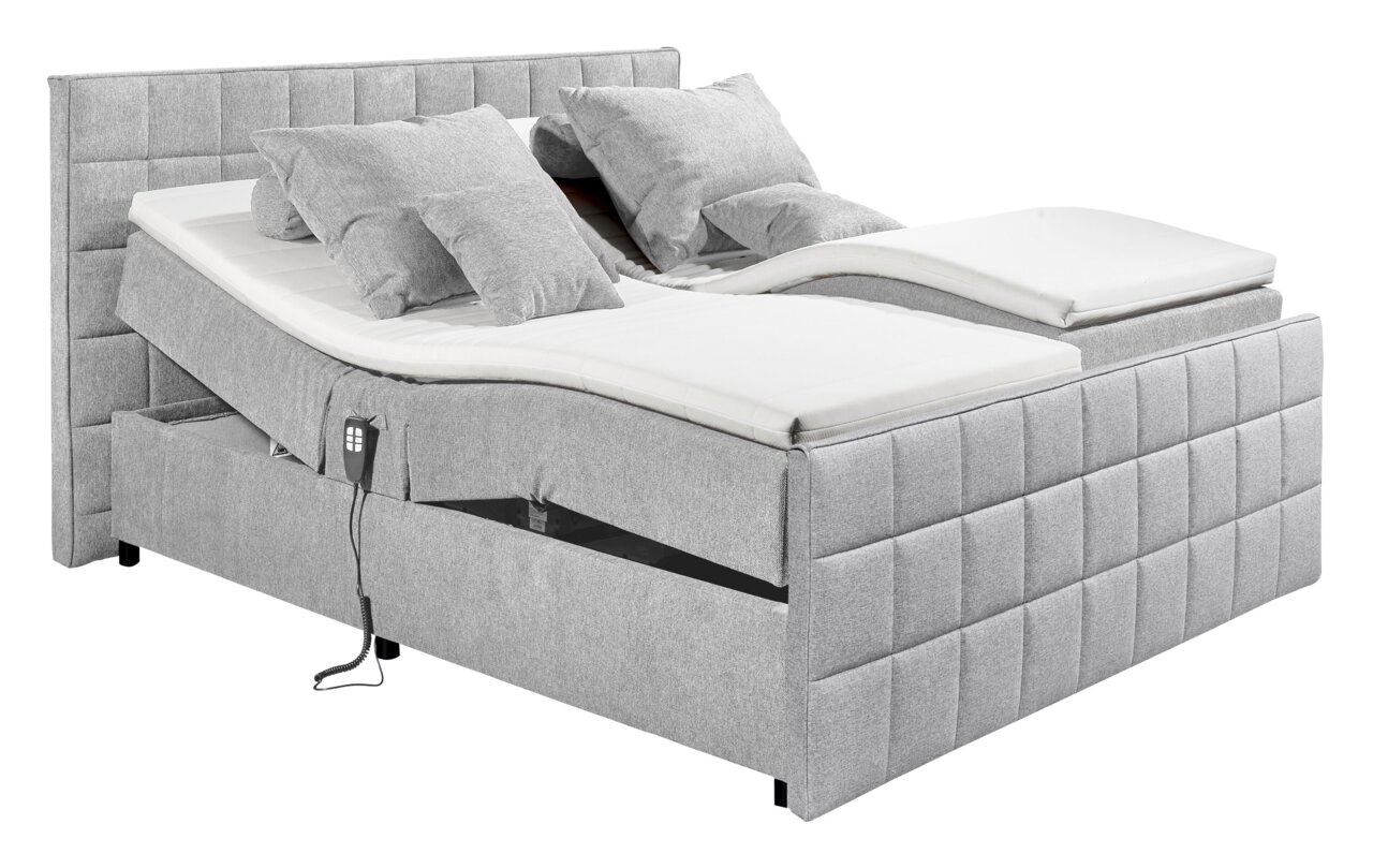 Esposa Boxspringbed GABUN Graues Polsterbett mit verstellbaren Matratzen und mehreren Kissen, seitliche Perspektive
