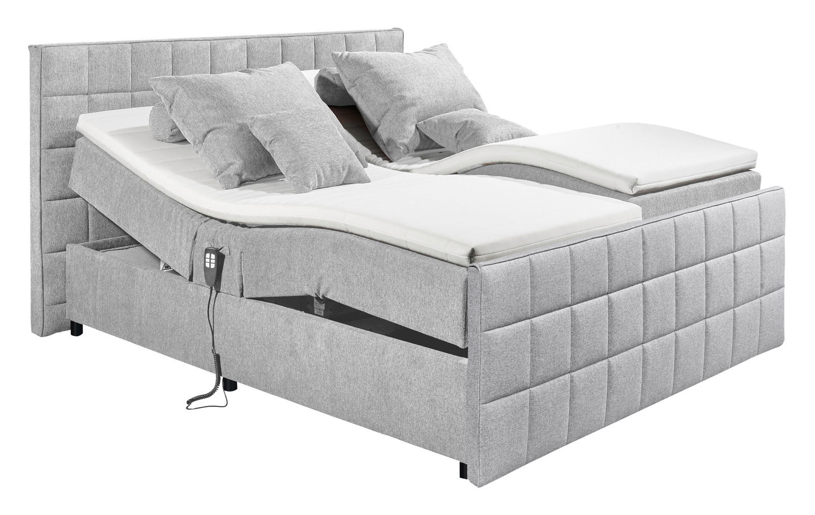 Esposa Polsterbett GABUN Graues Polsterbett mit verstellbaren Matratzen und mehreren Kissen, seitliche Perspektive