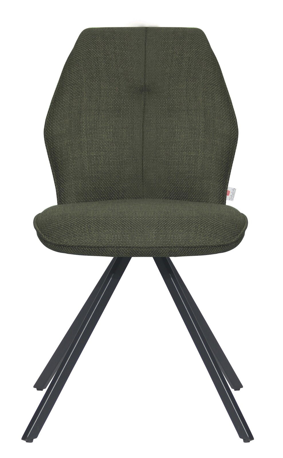Moderner Stuhl mit olivgrünem Stoffbezug und schwarzem Metallgestell, Frontalansicht