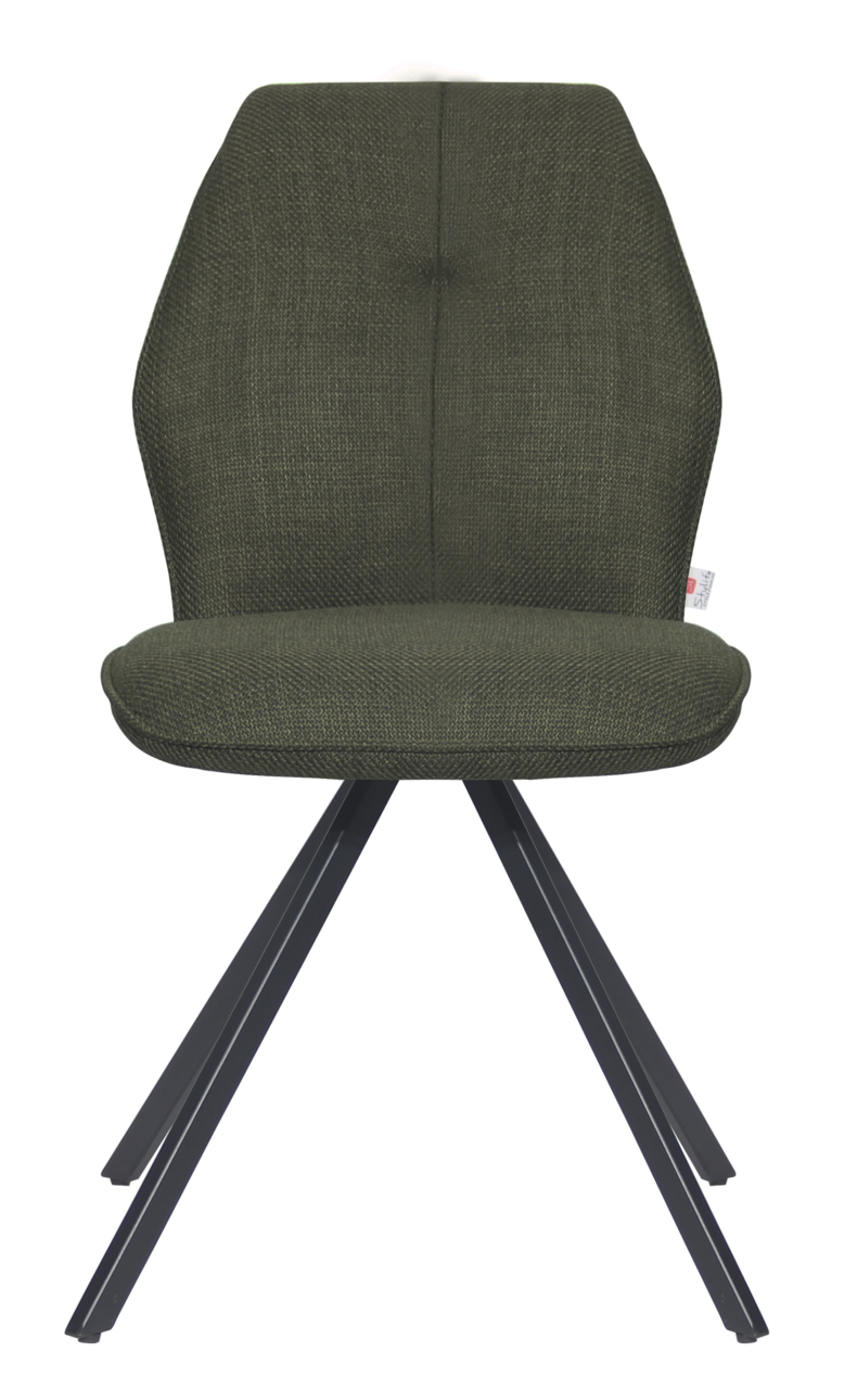 Moderner Stuhl mit olivgrünem Stoffbezug und schwarzem Metallgestell, Frontalansicht