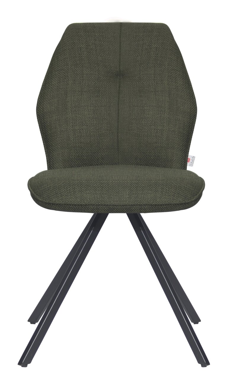Moderner Stuhl mit olivgrünem Stoffbezug und schwarzem Metallgestell, Frontalansicht