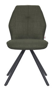 Moderner Stuhl mit olivgrünem Stoffbezug und schwarzem Metallgestell, Frontalansicht