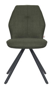 Moderner Stuhl mit olivgrünem Stoffbezug und schwarzem Metallgestell, Frontalansicht