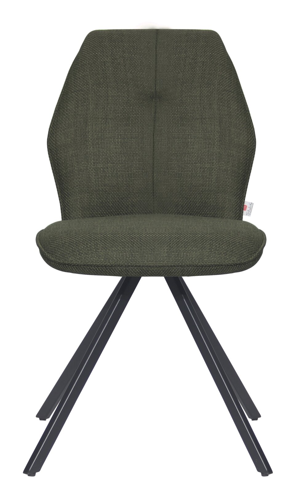 Moderne stoel met olijfgroene stoffen bekleding en een zwart metalen frame, vooraanzicht