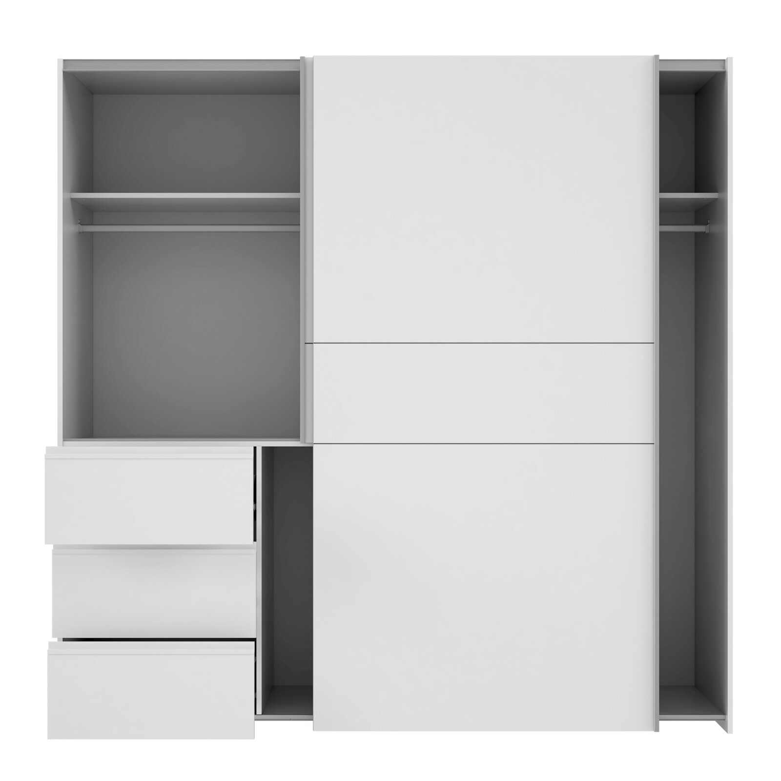 Schwebetürenschrank in weißer Farbe mit offener Perspektive, zeigt Innenfächer und Schubladen.
