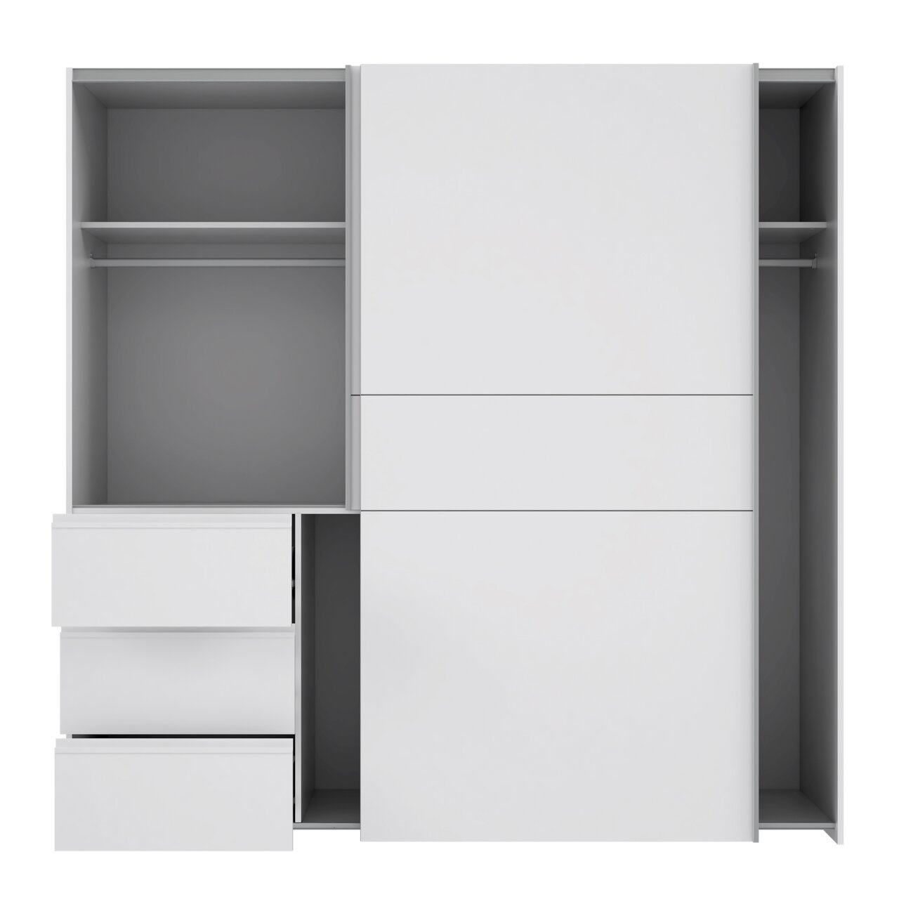 Schwebetürenschrank in weißer Farbe mit offener Perspektive, zeigt Innenfächer und Schubladen.
