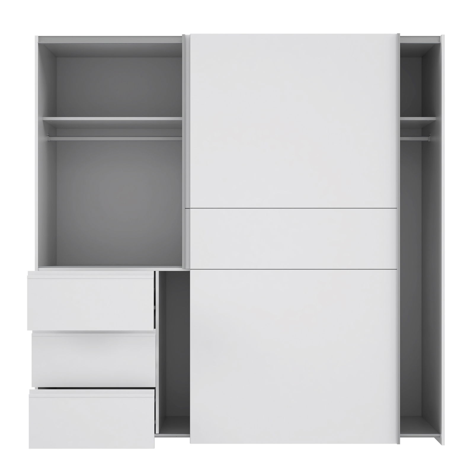 Schwebetürenschrank in weißer Farbe mit offener Perspektive, zeigt Innenfächer und Schubladen.