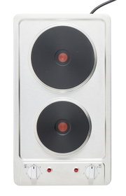 Zweiflammige elektrische Kochplatte mit Edelstahlgehäuse, zwei schwarzen Heizplatten mit rotem Mittelpunkt und zwei Drehreglern, Draufsicht von oben