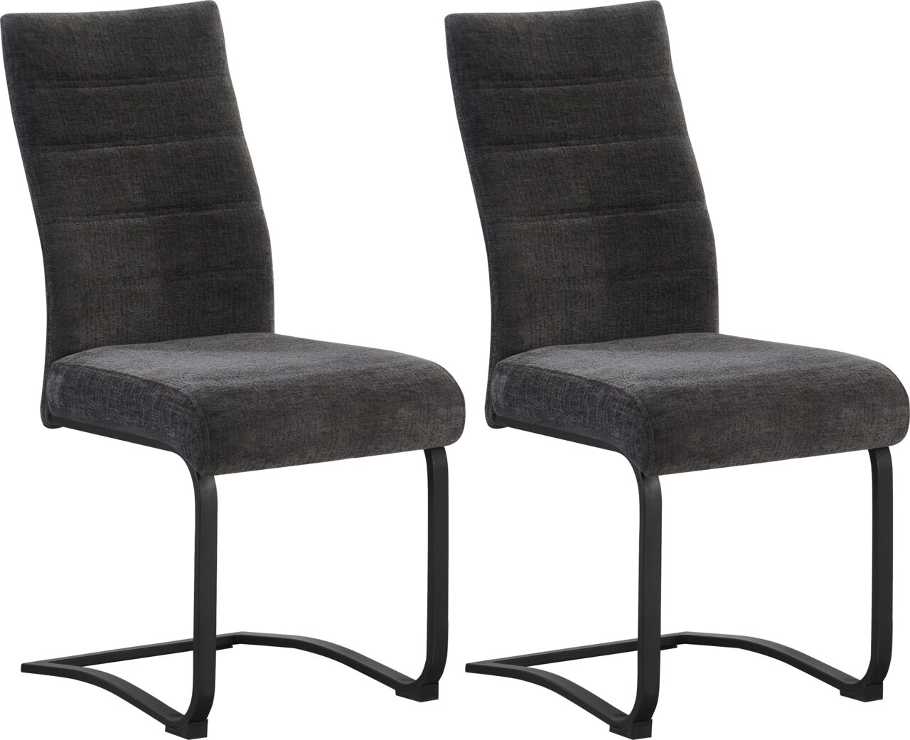 MID.YOU Schwingstuhl 2er-Set TINA Zwei moderne Freischwinger-Esszimmerstühle mit dunkelgrauem Stoffbezug, gepolsterter Sitzfläche und schwarzem Metallgestell, schräg von vorne auf weißem Hintergrund abgebildet.