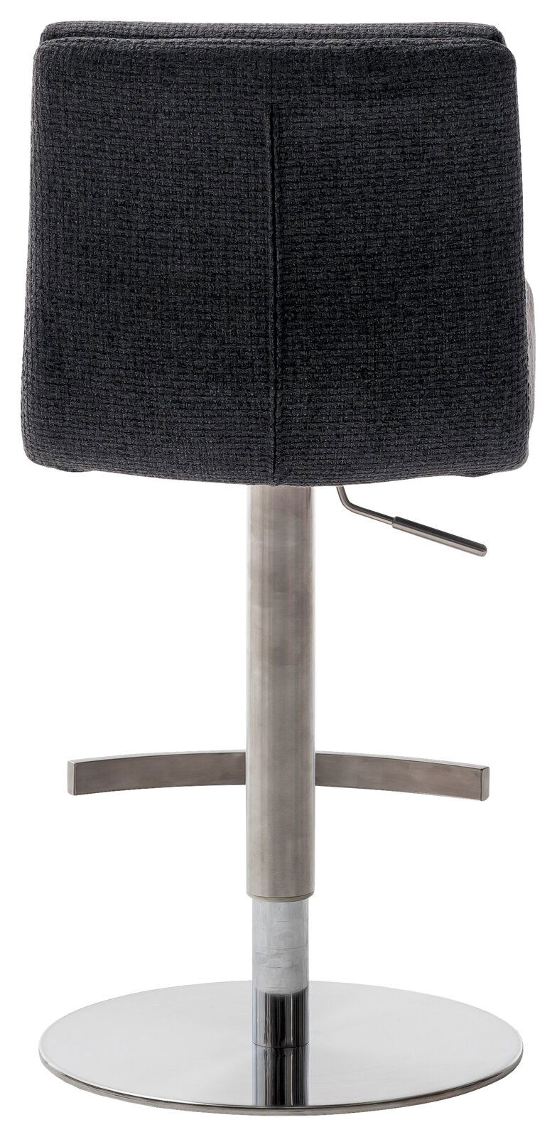 Rückansicht eines modernen Barstuhls mit schwarzem Stoffbezug und verchromtem Standfuß.
