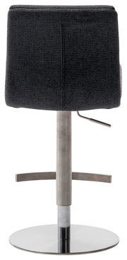 Rückansicht eines modernen Barstuhls mit schwarzem Stoffbezug und verchromtem Standfuß.