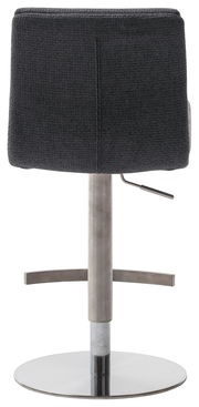 Rückansicht eines modernen Barstuhls mit schwarzem Stoffbezug und verchromtem Standfuß.