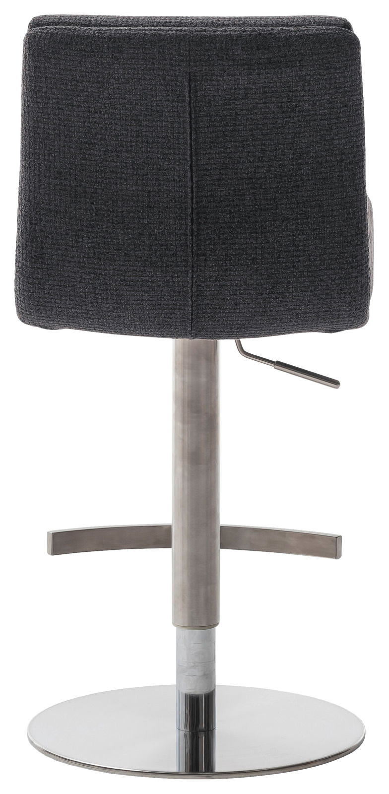 Rückansicht eines modernen Barstuhls mit schwarzem Stoffbezug und verchromtem Standfuß.