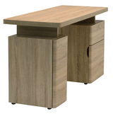 Moderner Schreibtisch aus Holz mit zwei Schubladen, seitliche Perspektive